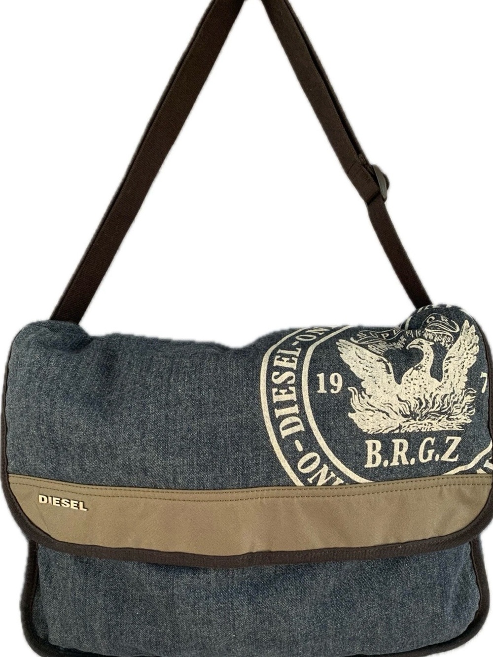 Vintage Diesel BRGZ Canvas Messenger Bag in Blue and Brown Strap